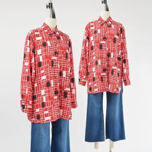 Vintage 90s Red Abstract Artsy Button Down Blouse size XL